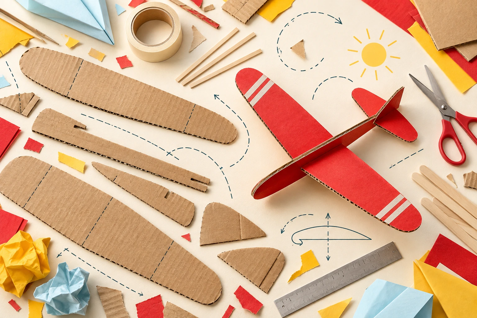 An illustrated glider workbench with cardboard wings, recycled paper, craft sticks, tape, and a bright red glider
